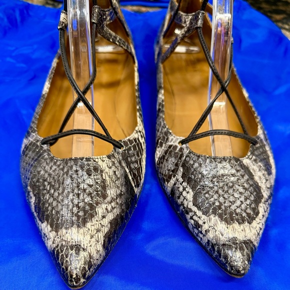 Aquazzura ‘Belgravia’ Two-Tone Snakeskin Ankle-Tie Flats Size 11 ASO Duchess Meg - Picture 4 of 16